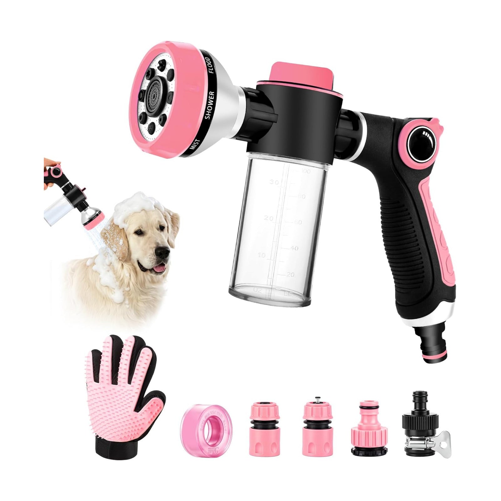Premium Dog Washing Hose Attachment, Dog Shower Attachment with Pet Grooming Glove, 8-in-1 Sprayer Garden Hose Nozzle