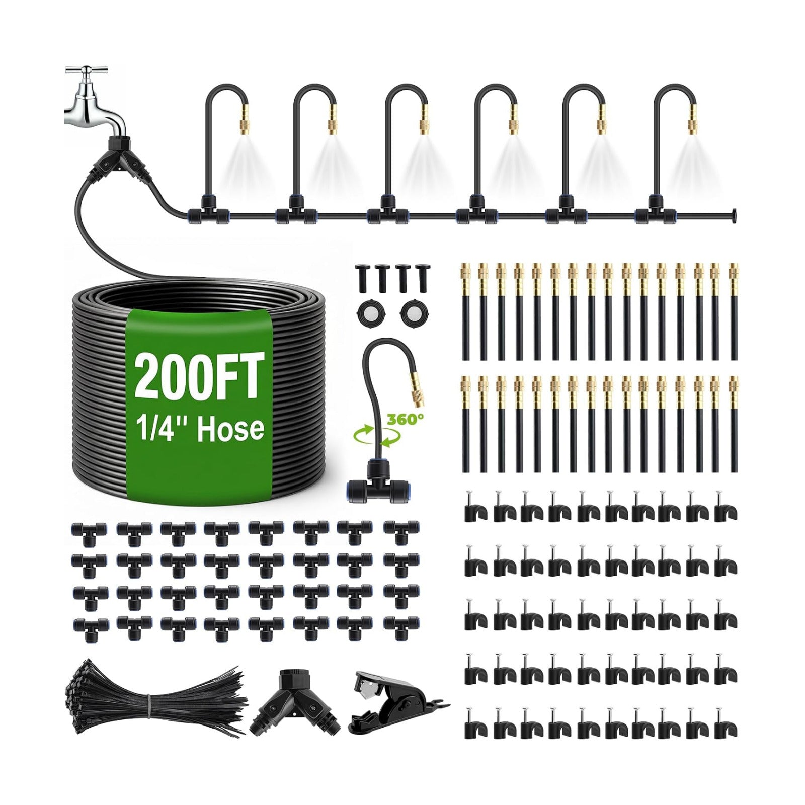 200 Ft 1/4 Inch Drip Irrigation System with 32 Copper Nozzles | Complete watering kit includes 32 adjustable copper
