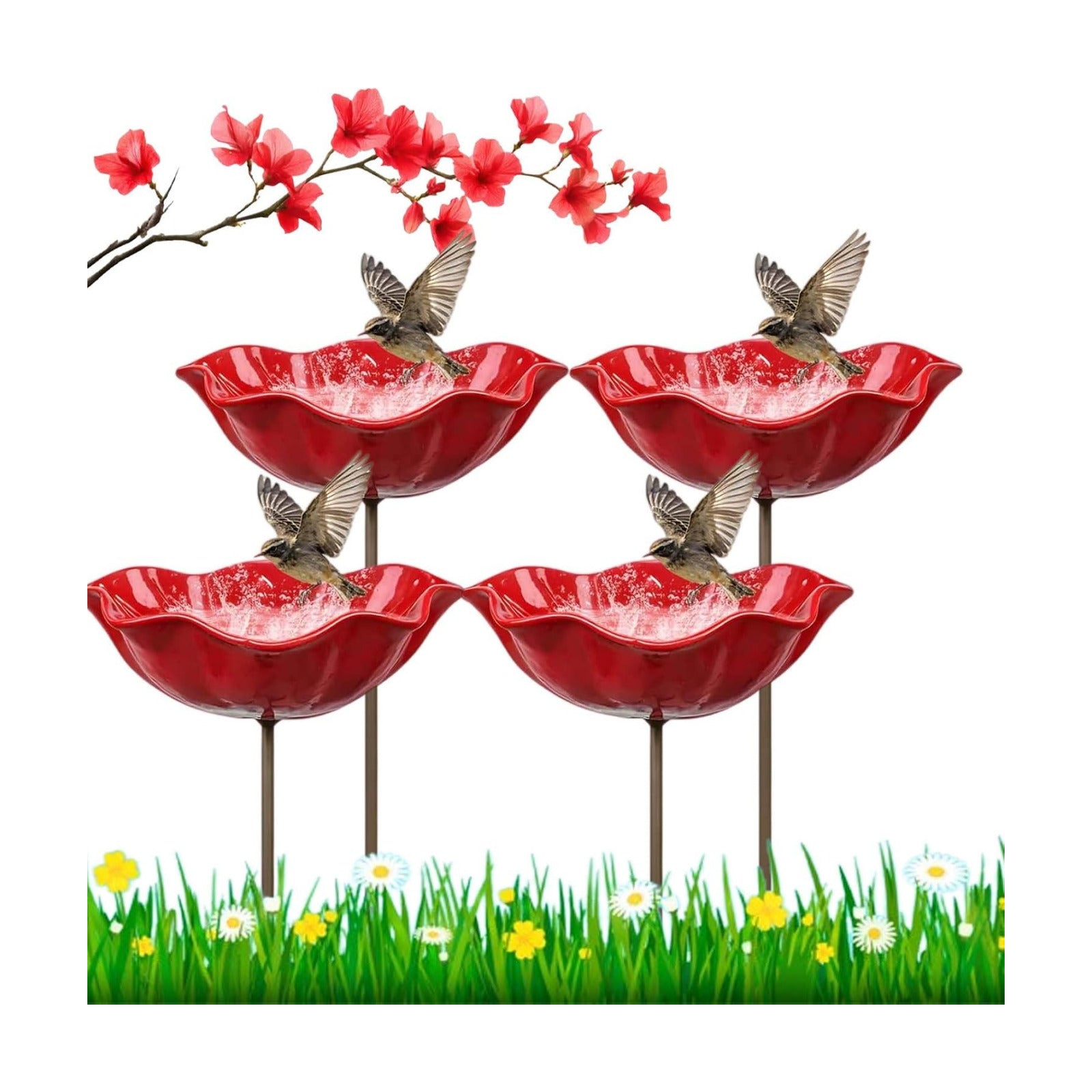 4PC Handmade Metal Flower Garden Stake, Outdoor Bird Bath and Butterfly Watering Station, Bee Watering Flower Stake for
