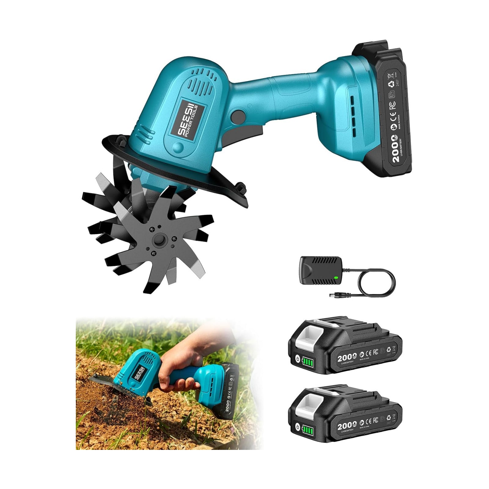 Mini Cordless Tiller Cultivator, 20V Electric Rototiller for Gardening | Lightweight 2.6 lbs, 2 x 2.0Ah Batteries, 4"