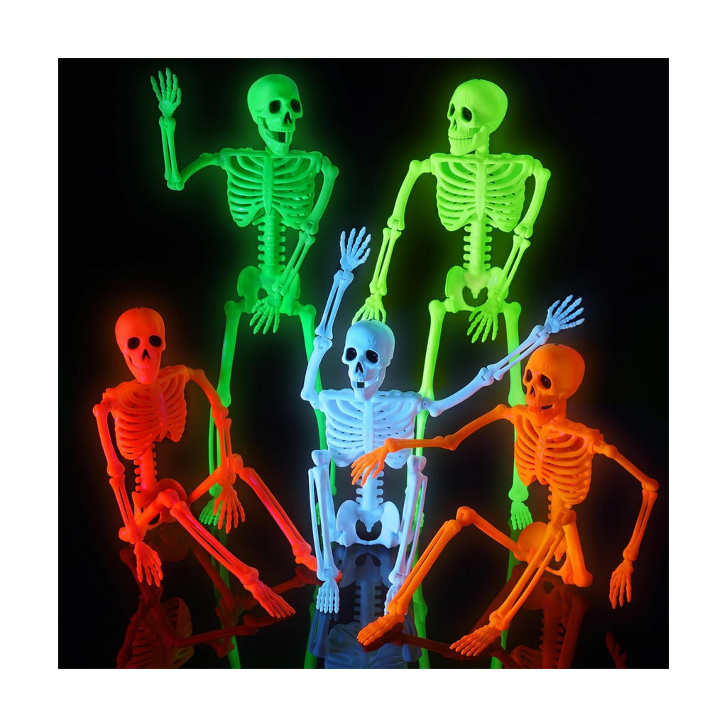 JOYIN 5 PCS 16" Blacklight Reactive Halloween Skeleton, Small Skeleton Decor, Full Body Posable Joint Hanging Skeleton for Halloween Decoration, Graveyard Prop, Haunted House, Spooky Scene Party Favor