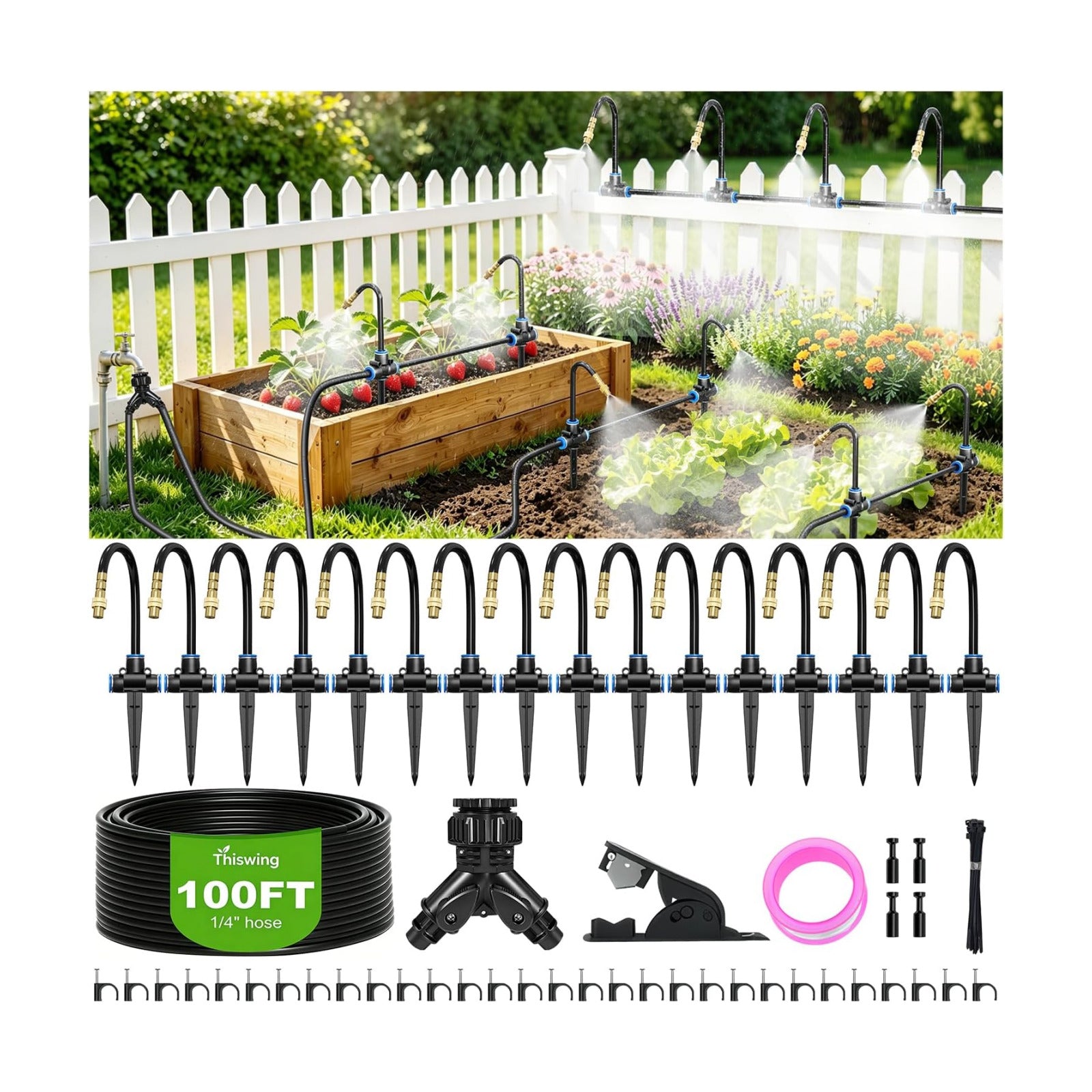 Thiswing 100 FT 360° Adjustable Irrigation System with Stake Holders | 1/4" Tubing, 16 Nozzles, Automatic Watering