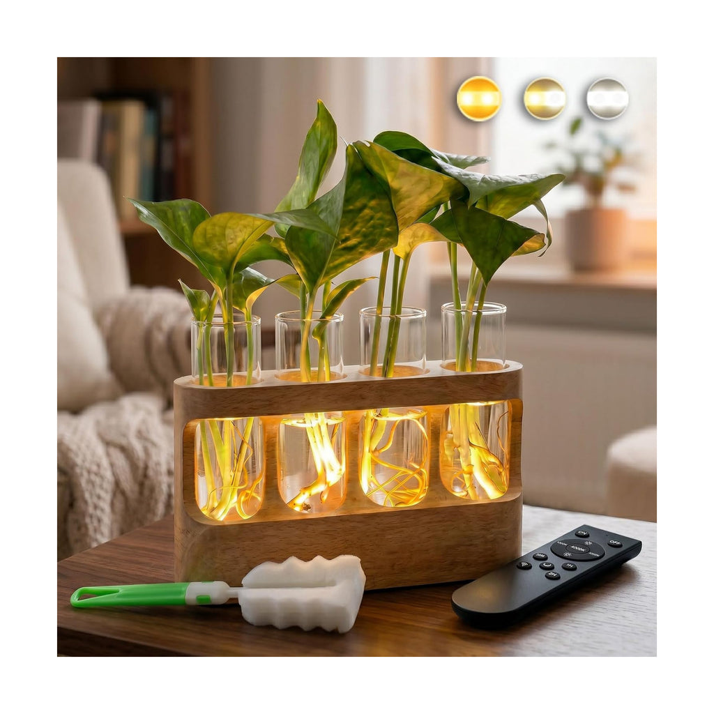 Plant Propagation Station with LED Grow Light, Rechargeable Wooden Desktop Planter Terrarium with 4 Glass Test Tubes