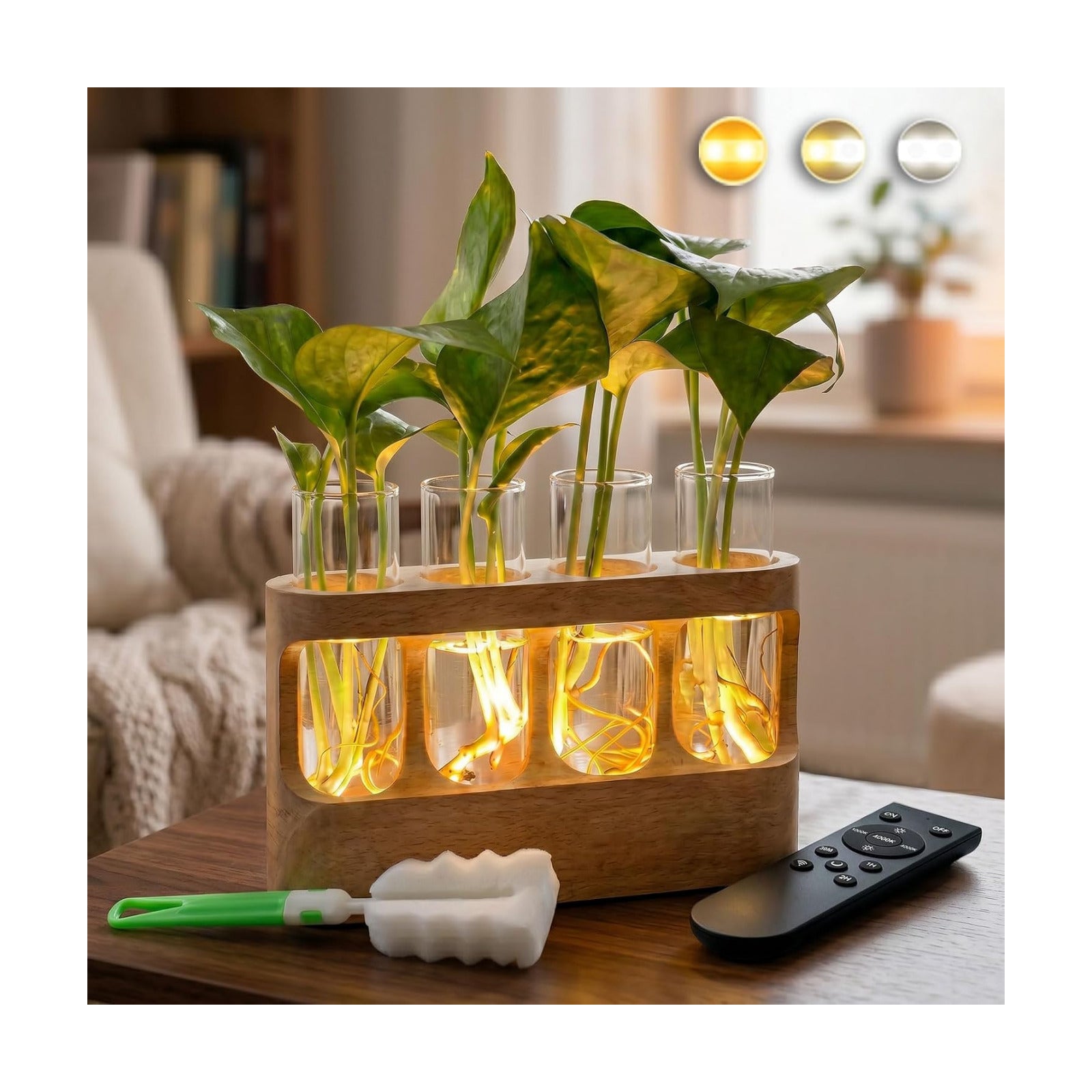 Plant Propagation Station with LED Grow Light, Rechargeable Wooden Desktop Planter Terrarium with 4 Glass Test Tubes