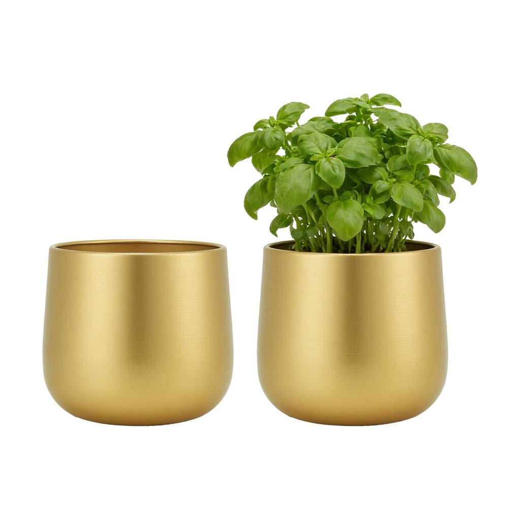6.3" Gold Metal Plant Pots with Drainage Hole & Liner for Indoor Plants | Brushed Gold Anti-Rust Metal Finish, Stable