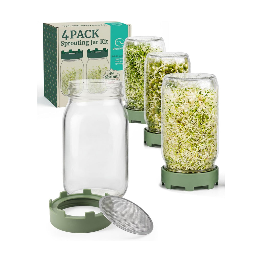 Elementi Sprouting Jar Kit - Set of 2 Wide Mouth Mason Jars with Sprout Lids & Stainless Steel Mesh Screen - Seed
