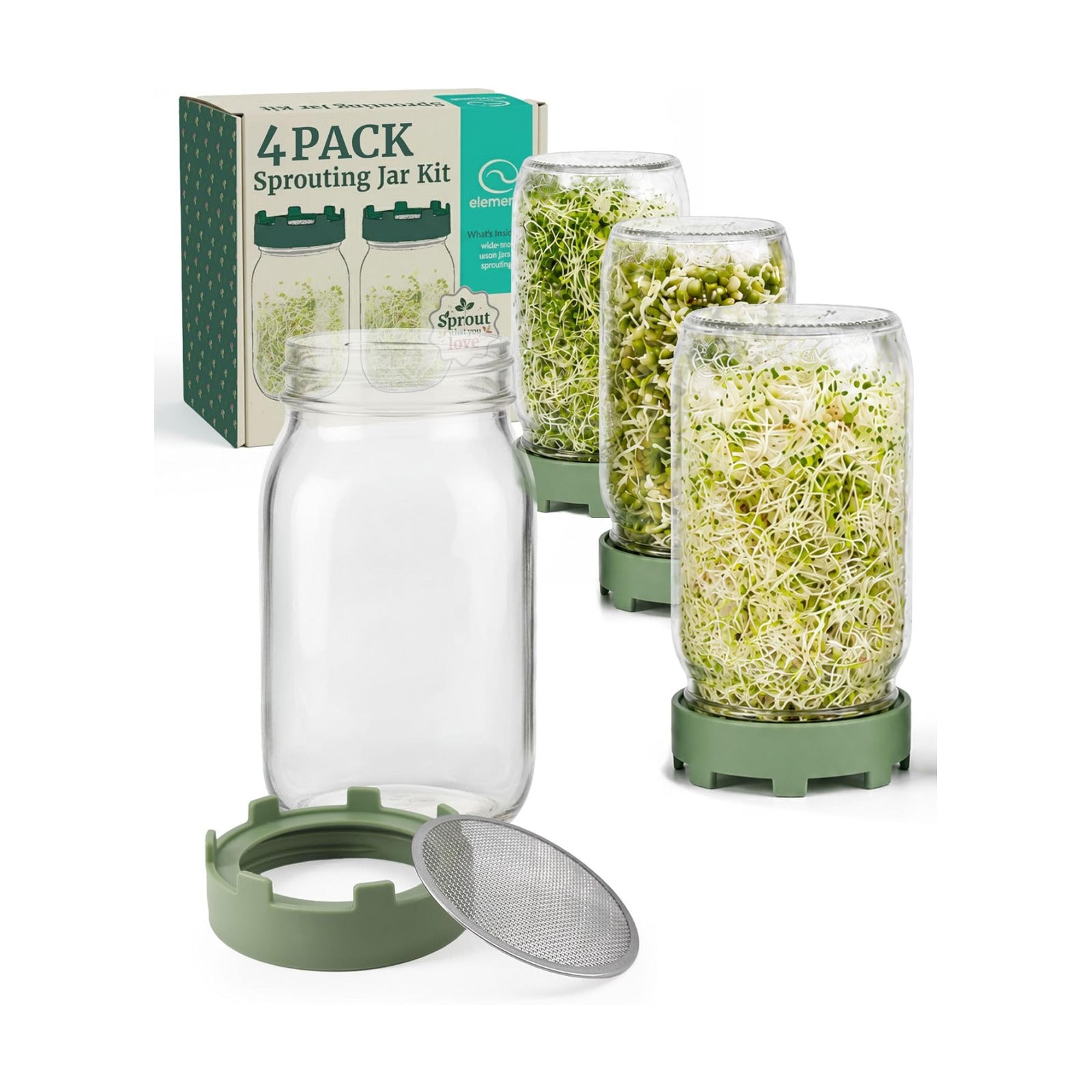 Elementi Sprouting Jar Kit - Set of 2 Wide Mouth Mason Jars with Sprout Lids & Stainless Steel Mesh Screen - Seed