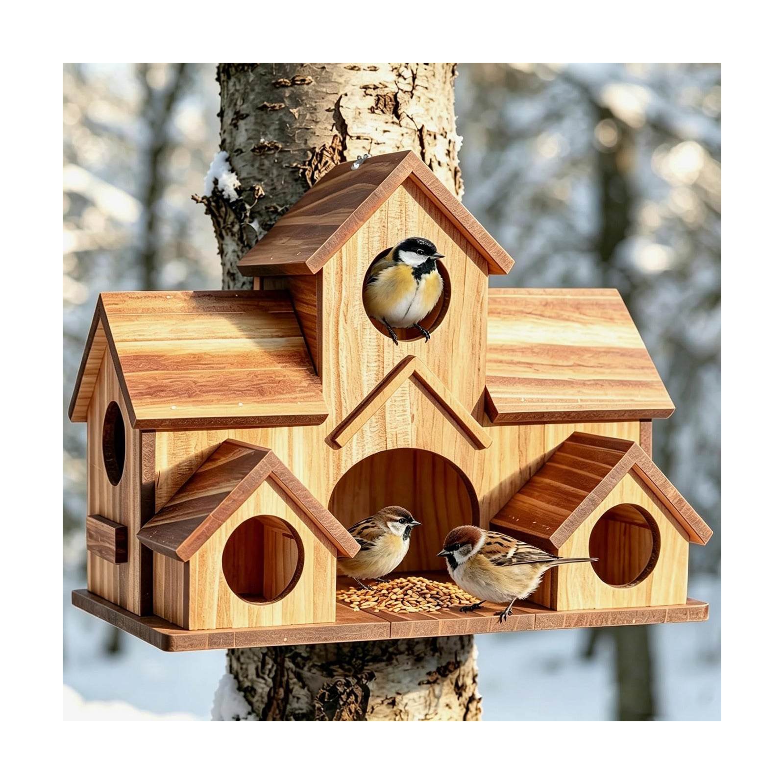 Bird House for Outside, 5-Hole Outdoor Wooden Birdhouse for Chickadee Bluebird Finch Wren Hummingbird, Weatherproof