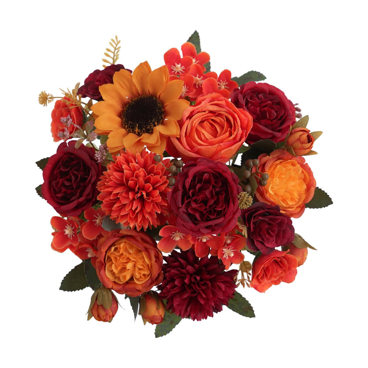 4 Pcs Mixed Autumn Artificial Peony Flower Set-2 Bouquets & 2 Stems, Burnt Orange Wine Red Fake Peony Sunflower Silk Flower for Fall Table Centerpiece Farm Wedding Thanksgiving Halloween Home Decor