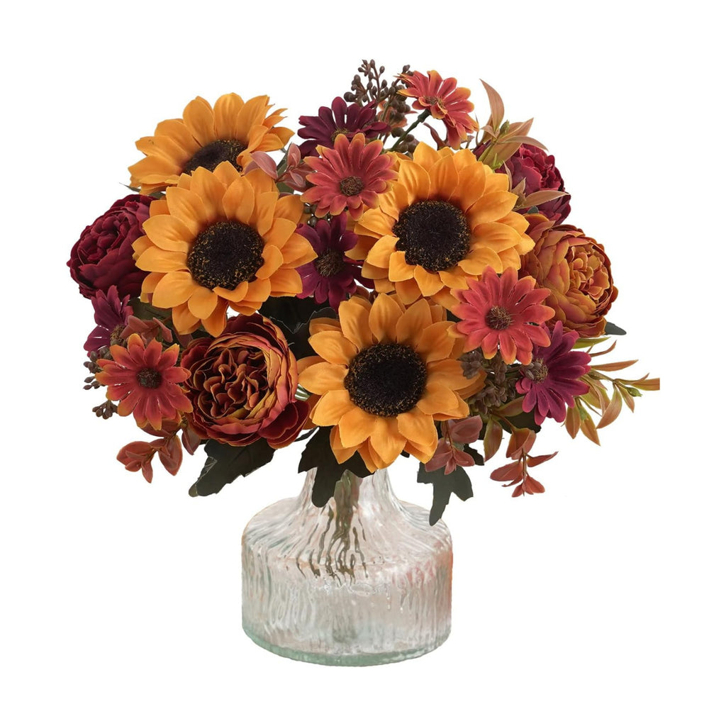 2 Pcs Fall Artificial Sunflower Peony Bouquet, Yellow Burgundy Silk Faux Flower, Autumn Faux Floral Arrangements for Wedding Table Centerpiece DIY Thanksgiving Farmhouse Indoor Outdoor Party Decor