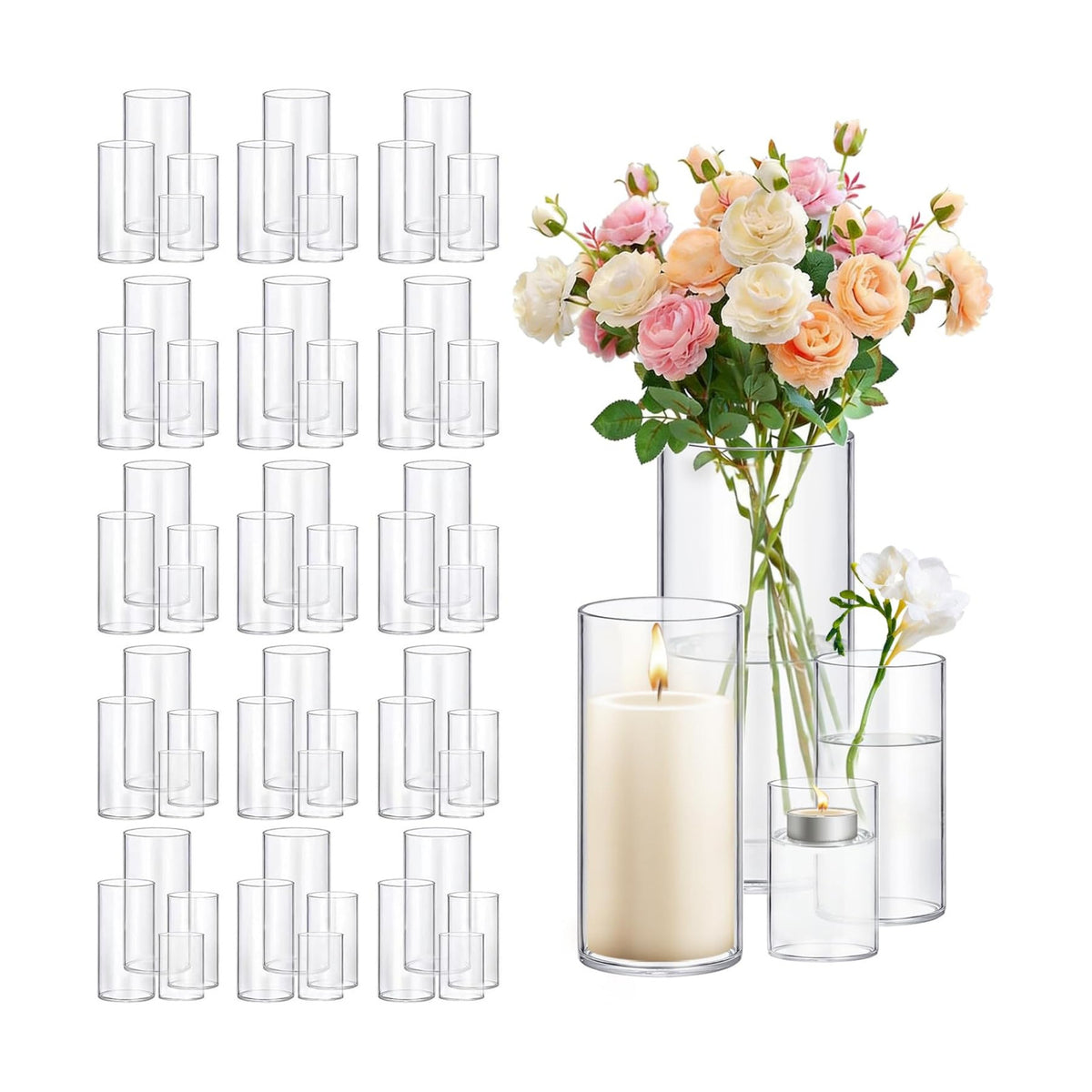 64 Pack Thick Glass Cylinder Vases 4,6,9,12 Inch Tall Clear Flower Vase Hurricane Floating Candle Holder for Table Centerpiece Wedding Home Decor