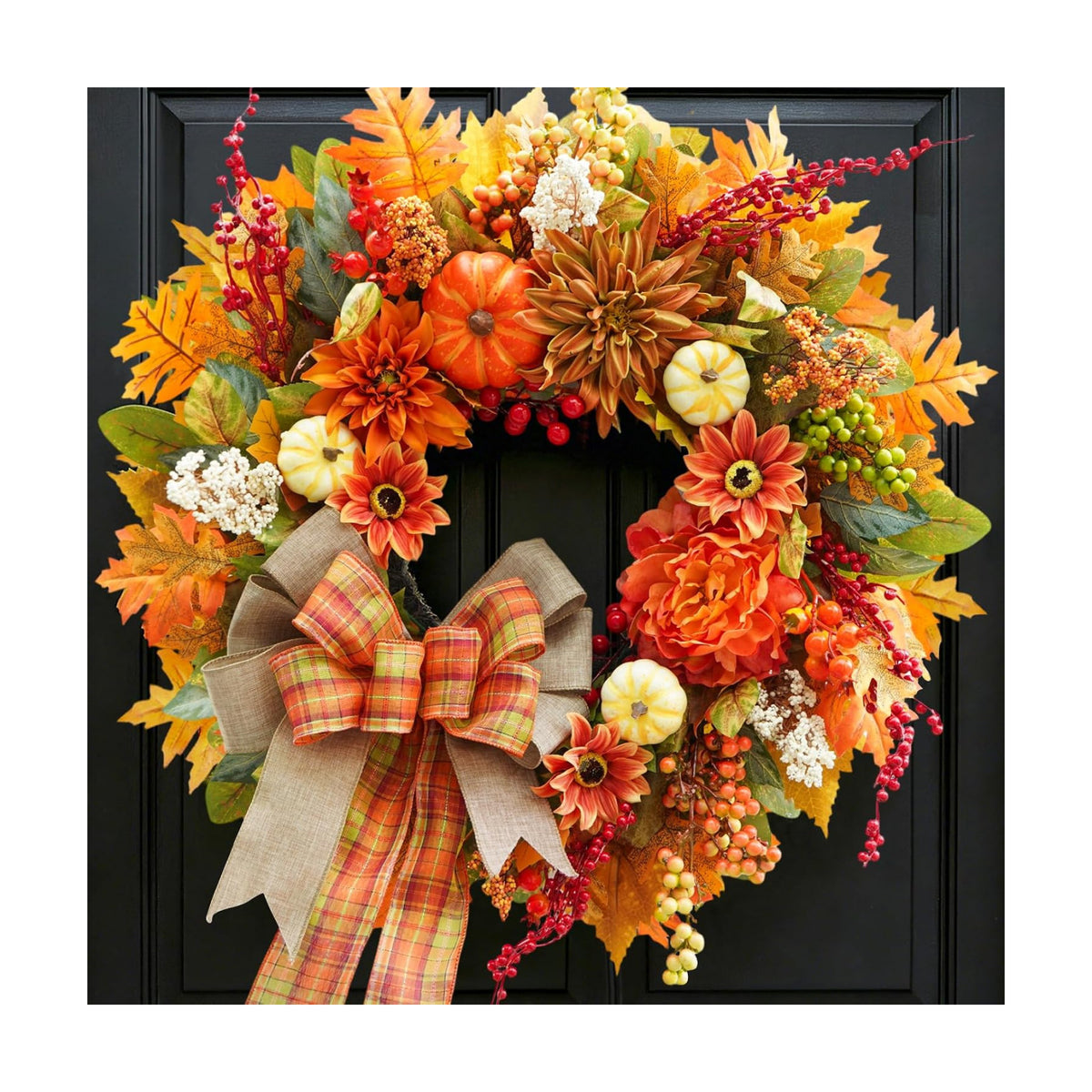 Fall Wreaths for Front Door 24", Fall Door Wreath with Plaid Bow & Dahlias