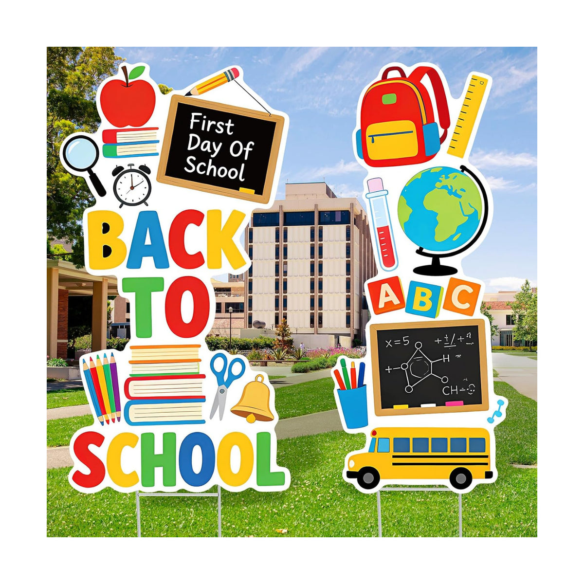 2 Pieces Back to School Yard Signs Large First Day of School Lawn Sign with Stakes Outdoor School Decorations Waterproof Lawn Stakes for Garden Lawn Yard Party Decoration and Supplies