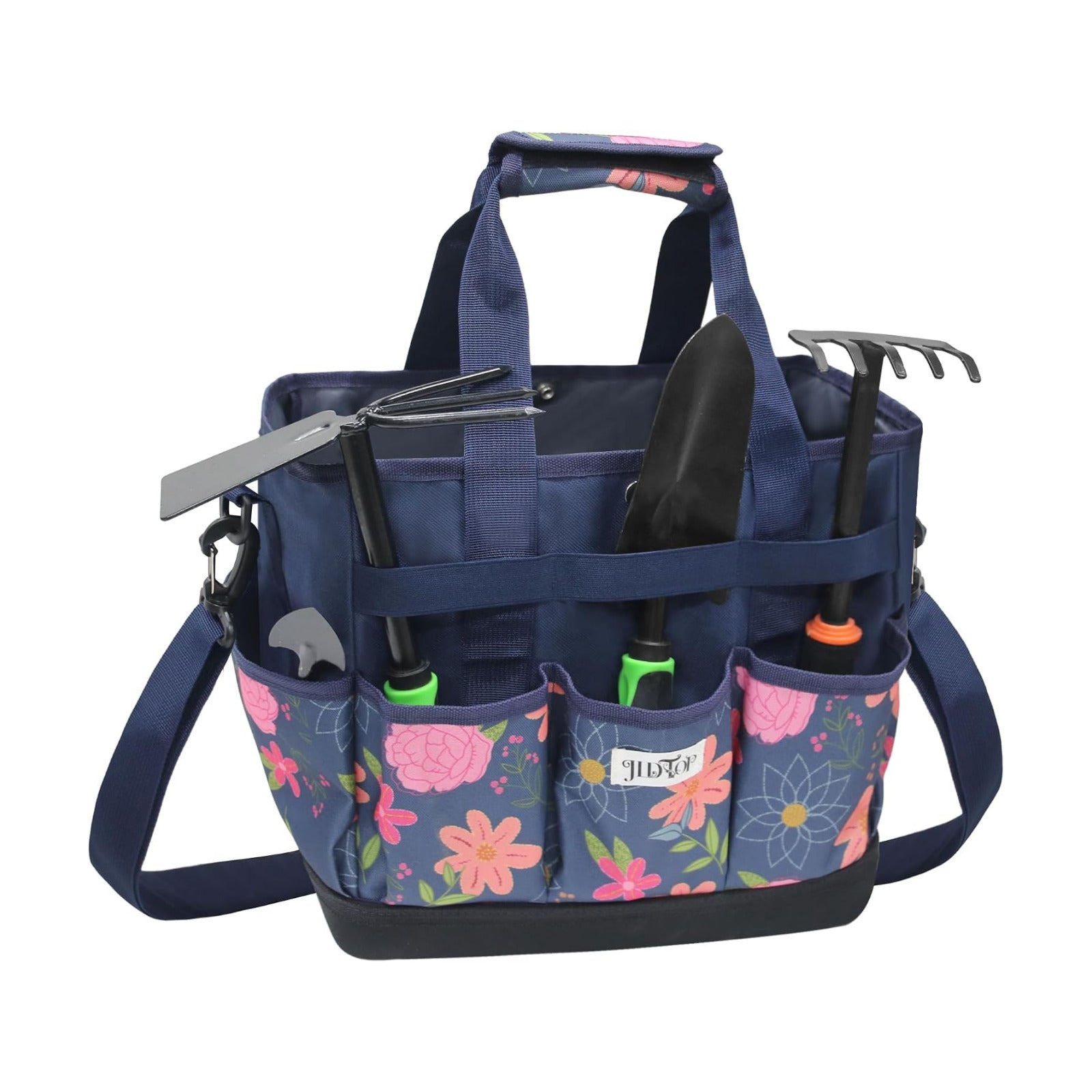 Hard Bottom Floral Garden Tool Tote Bag with Shoulder Strap | Gardening Tote Organizer with 8 pockets, Padded Handles