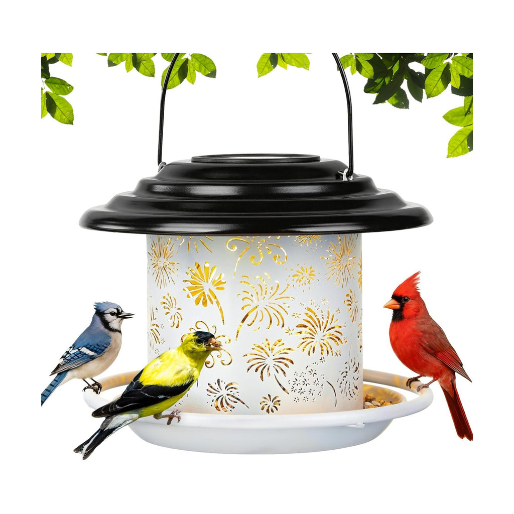 Black White Solar Bird Feeders for Outdoors, Weatherproof Metal Bird Feeder