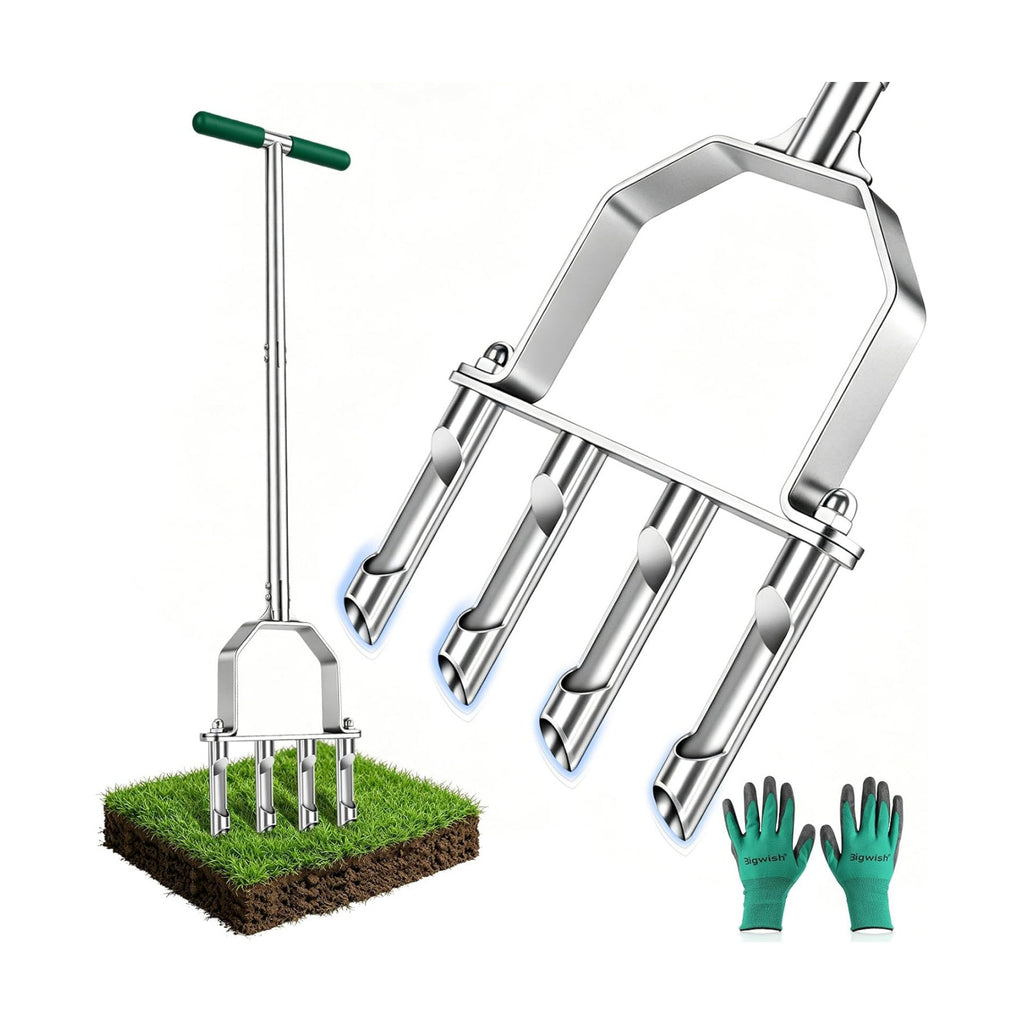 Stainless Steel Aerator Lawn Tool, Manual Core Aerator with 4 Hollow Tines | Heavy Duty Grass Aerator, Anti-Clogging