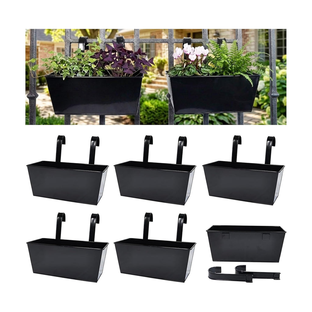 6 Pack 12" Outdoor Metal Balcony Fence Railing Planters, Rectangular Black | Detachable hooks, Drainage holes
