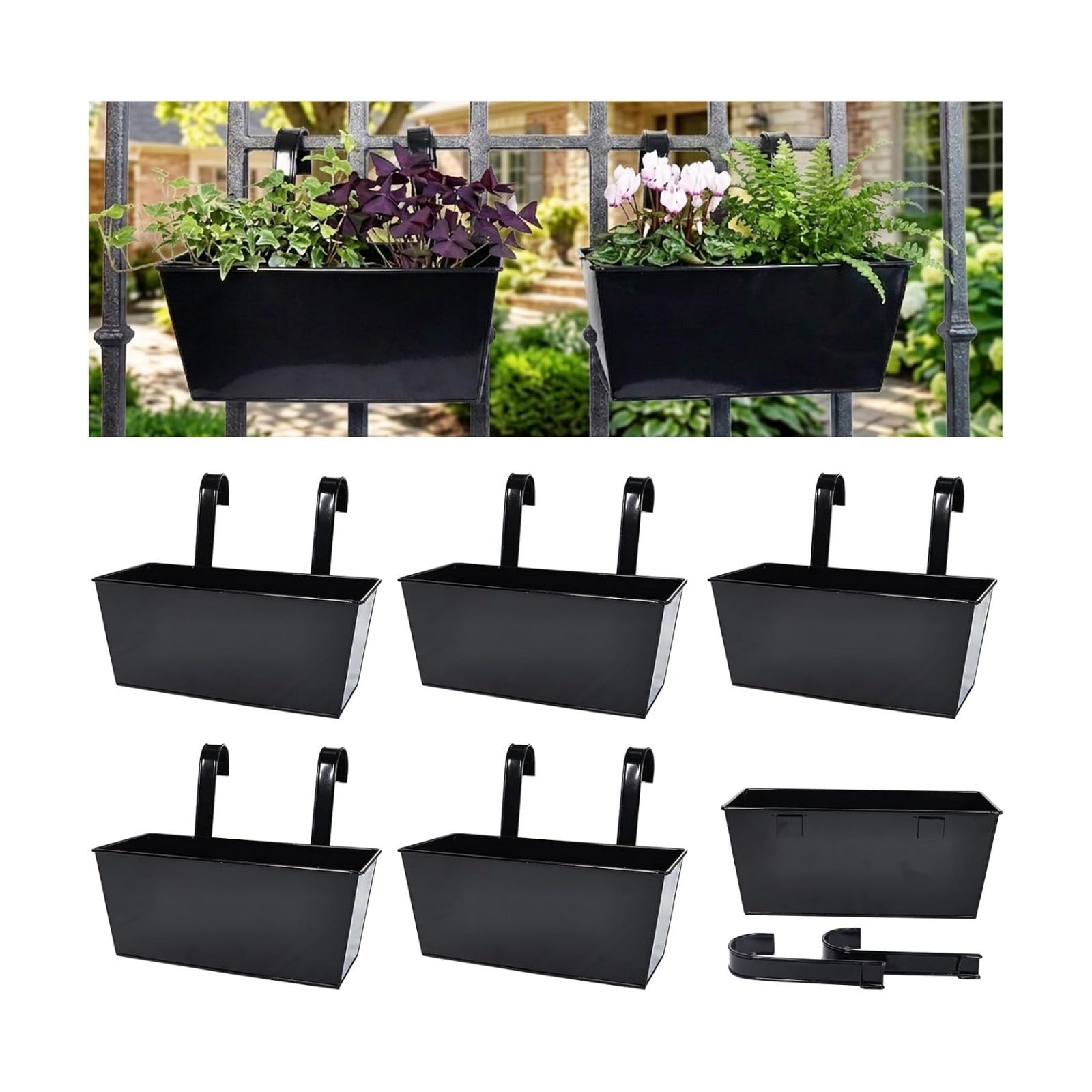 6 Pack 12" Outdoor Metal Balcony Fence Railing Planters, Rectangular Black | Detachable hooks, Drainage holes
