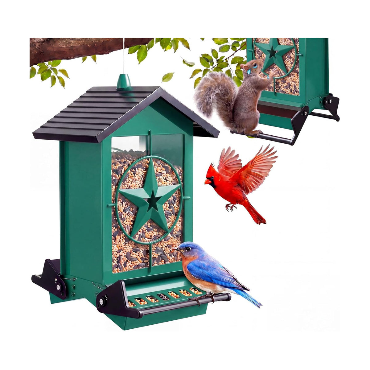 Squirrel Proof Bird Feeders for Outdoors with Weight-Activated, Metal 5LB Large Wild Bird Feeders for Cardinals,Blue Jay,Finch, Weatherproof Durable Hanging Bird Feeder for Backyard,Garden (Green)
