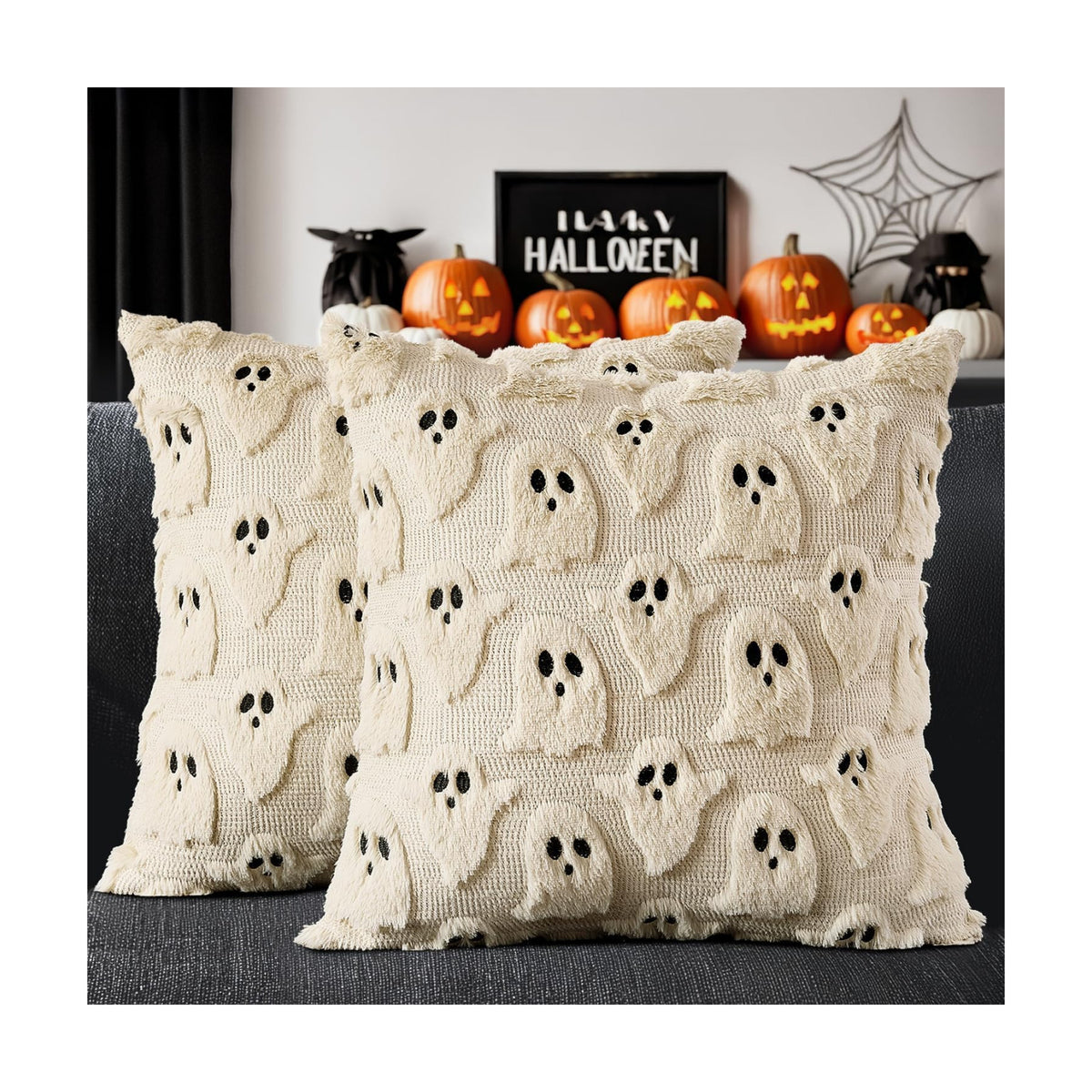 MIULEE Beige Halloween Pillow Covers Cute Ghost Decor Set of 2 20x20
