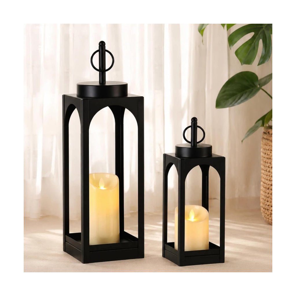 18" 13" Decorative Lanterns Set of 2, Black Outdoor Lanterns with Candles
