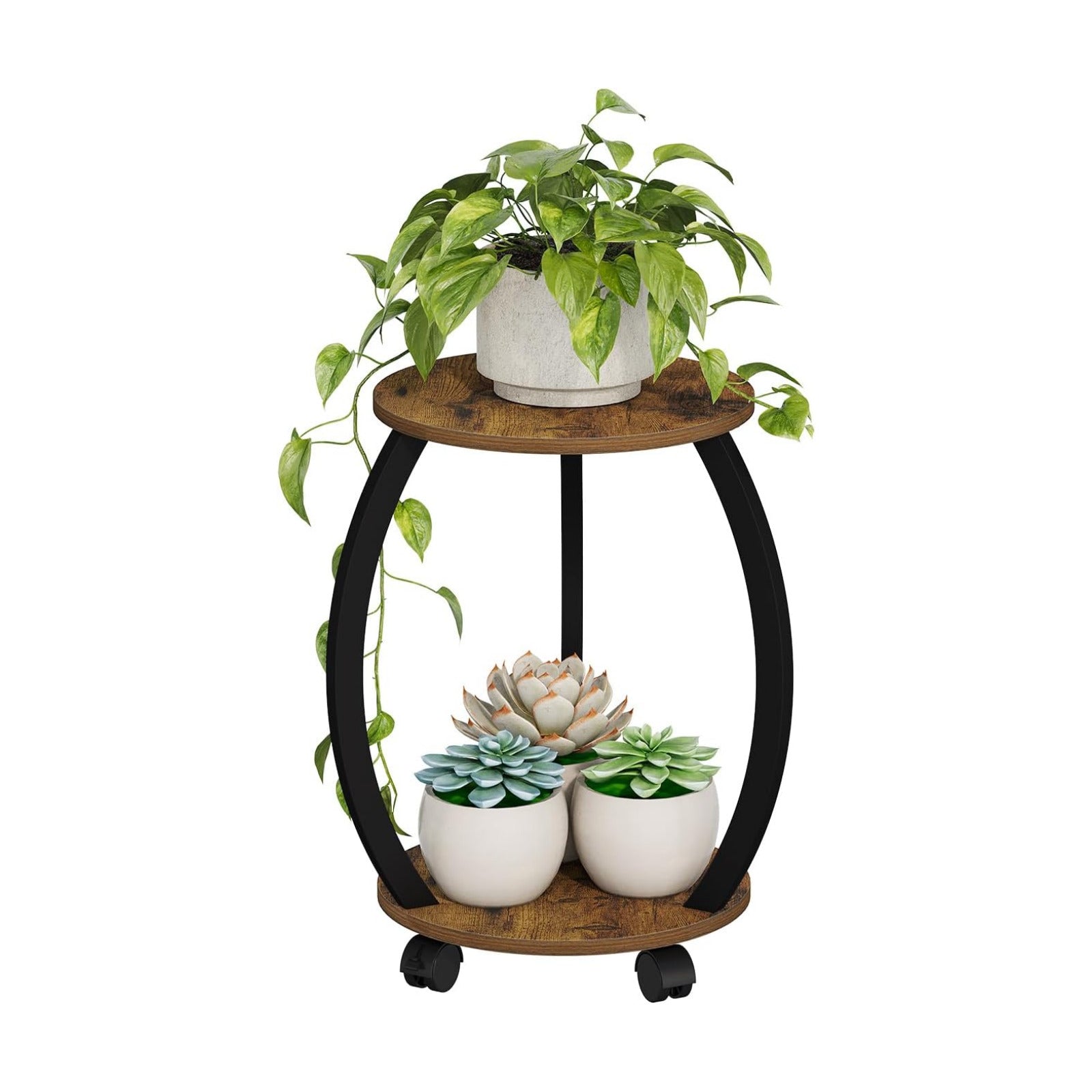 YINMIT Plant Stand Indoor with Wheels, 2 Tier 18.5 In Tall Plant Stand | Wood Flower Pot Plant Shelf, Round Corner