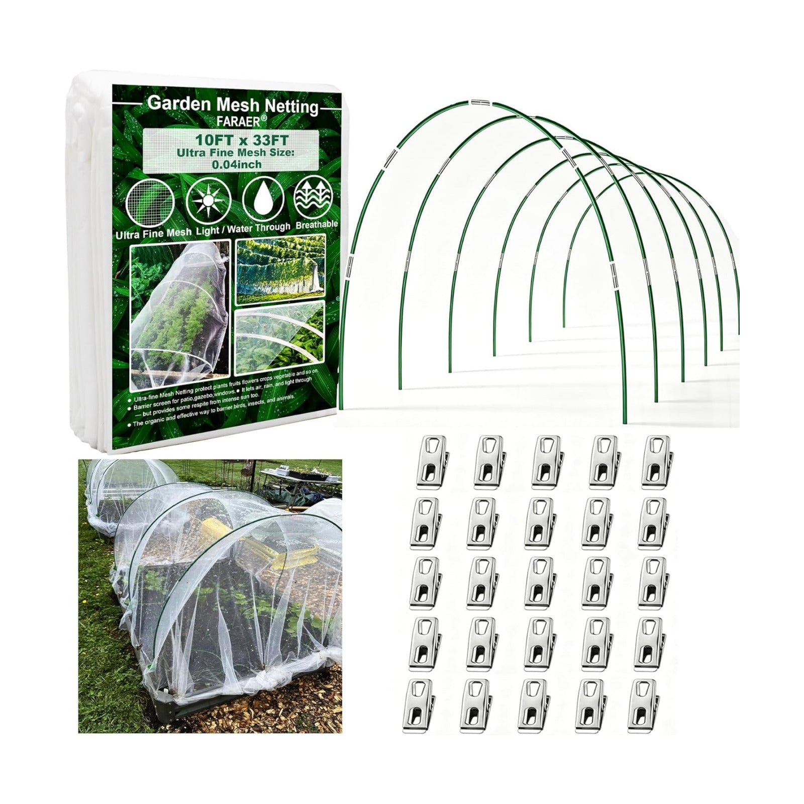 Garden Netting Kit for Raised Beds,10x33ft Ultra Fine Insect Netting Garden Bed Covers & 6 Sets of 8ft Fiberglass