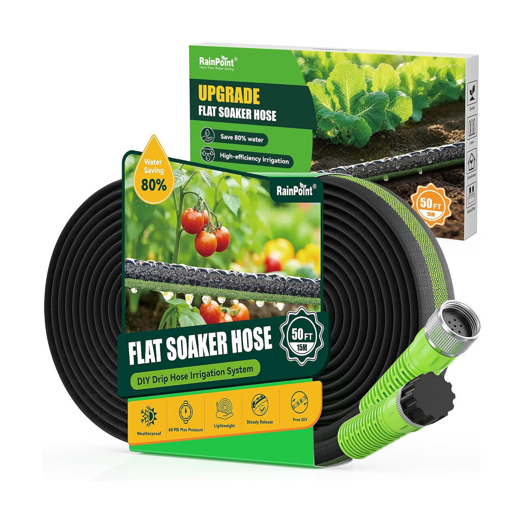RAINPOINT 50FT Flat Soaker Hose, Flexible & Leakproof Drip Hose with Anodized Aluminum Fittings, Double Layer 80%