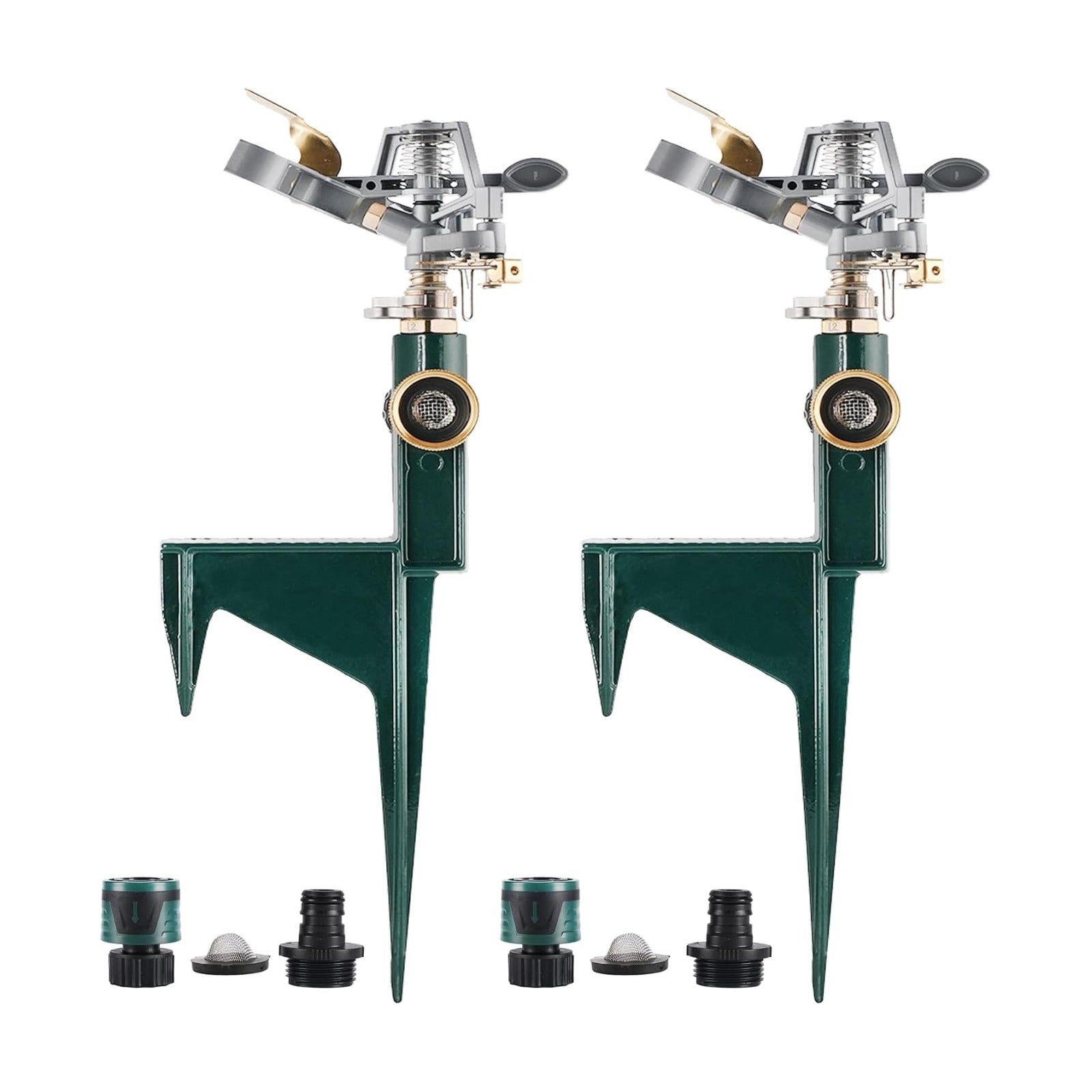 BIGWAVE 2 Packs Spike Sprinklers for Yard, 360 Degree Adjustable Impact Sprinkler on Metal Step Spike Base, Zinc Alloy