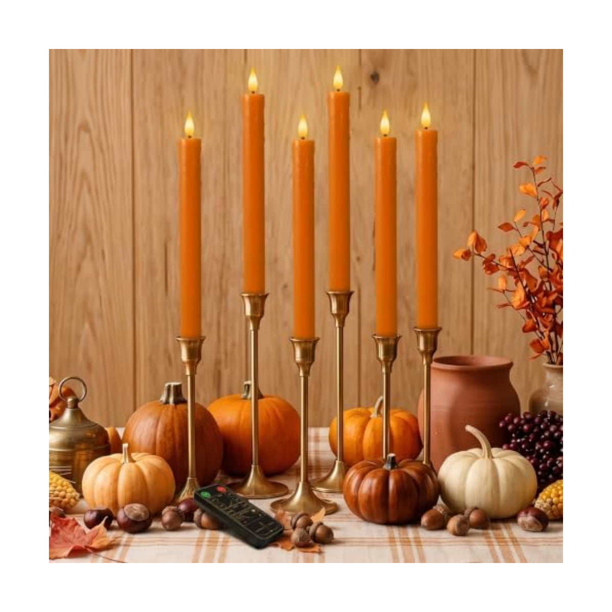 Homemory 6 Pcs Real Wax Flameless Taper Candles, 9.6 inch Dripping Orange LED Candlesticks with Flickering Flame, Battery Operated with Remote and Timer for Autumn Home Window and Table Decor