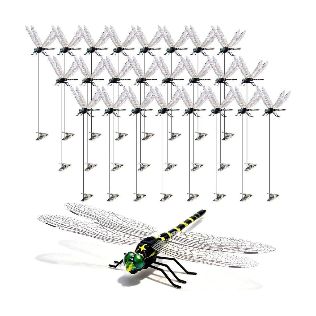 24 Pack 3D Dragonfly Clips, Fake Dragonflies with Stakes, Realistic Plastic Dragonfly Garden Decorations, Fly Deterrent