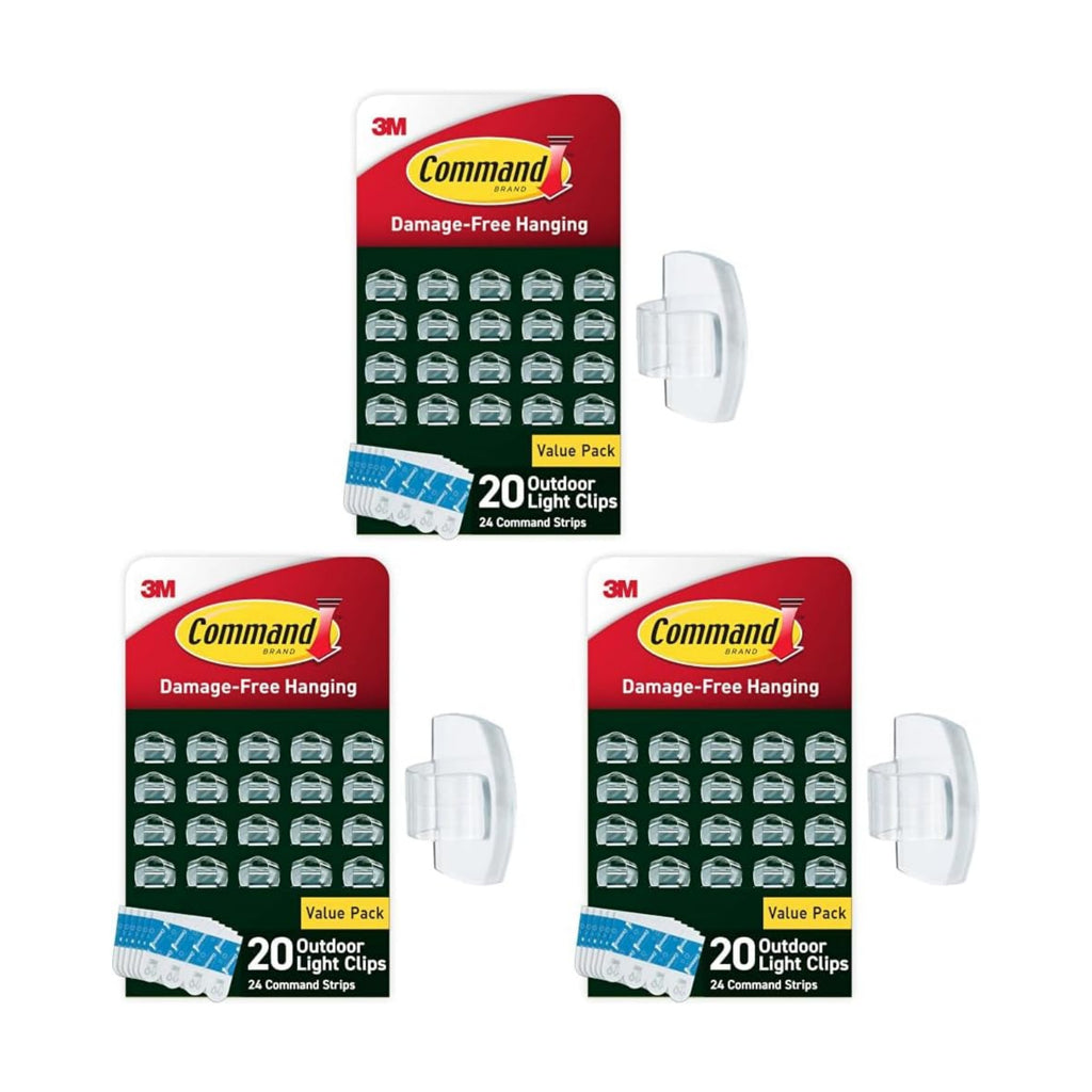 Command Outdoor Light Clips, Clear, 20 Clips, 24 Weather Resistant Strips (Pack of 3)