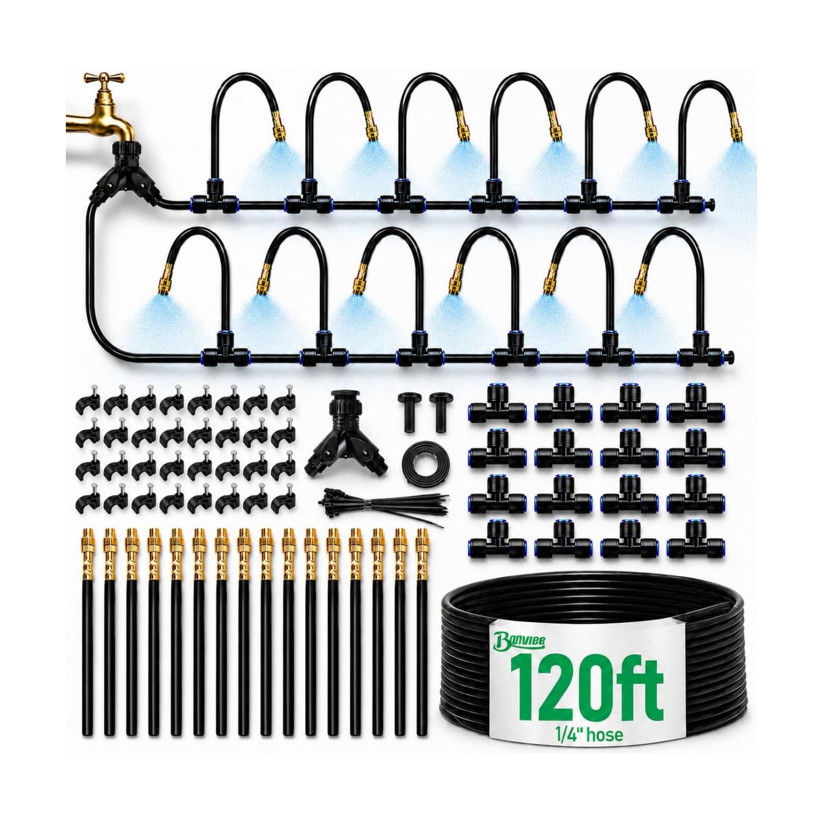 120FT Drip Irrigation System with Adjustable Nozzles | 1/4-Inch Tubing, Garden Layout, Adjustable Spray and Mist