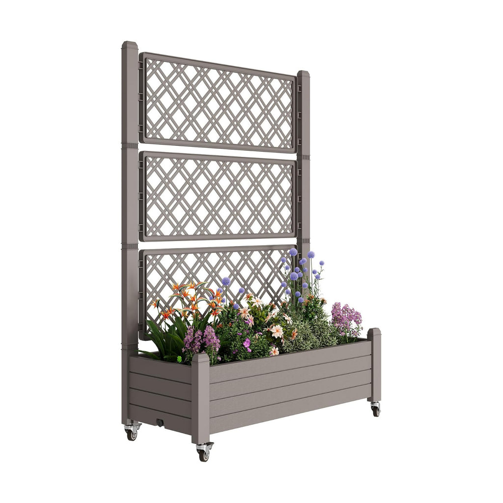 Resin Raised Garden Bed with Trellis and Wheels - Plasitc Planter Box with Trellis Outdoor with Drainage Holes & Water