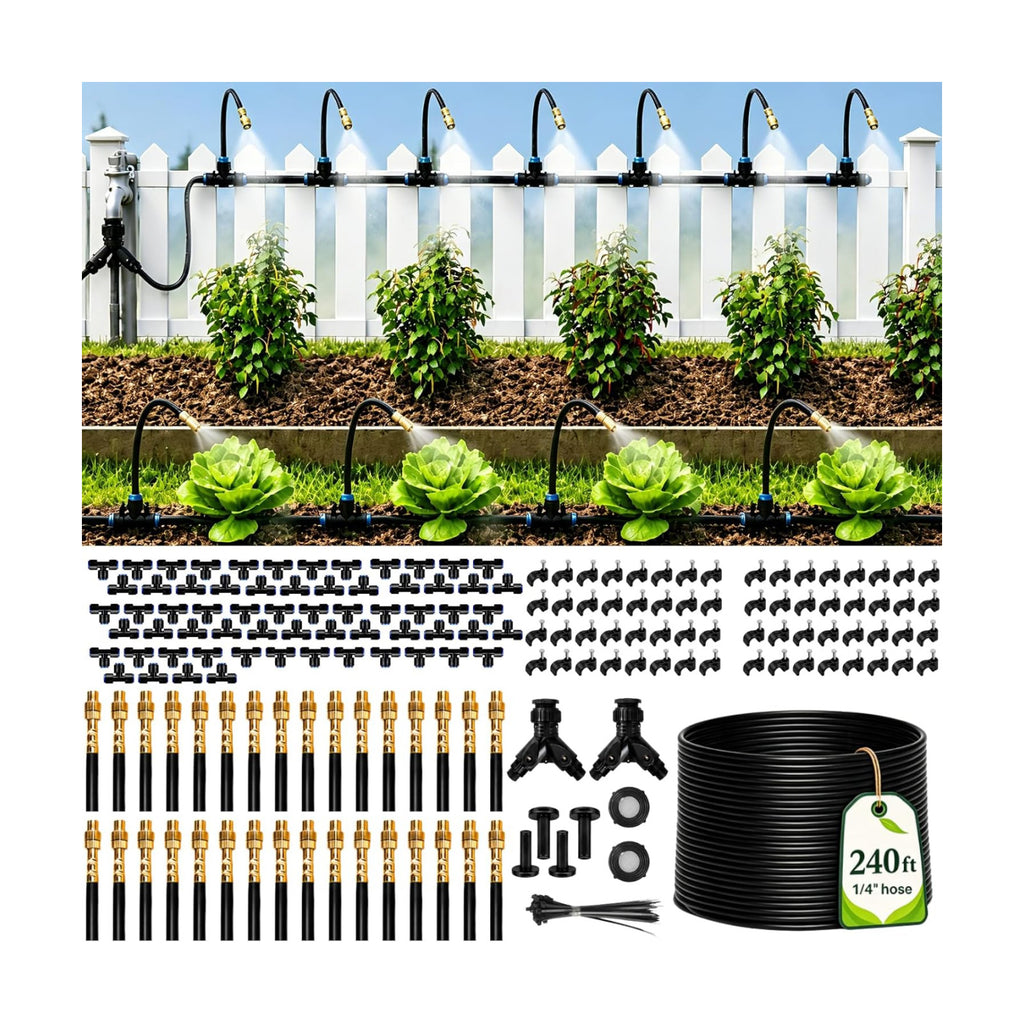 240FT Drip Irrigation System with Adjustable Nozzles | 1/4-Inch Tubing, Flexible Garden Layouts, Adjustable Spray and