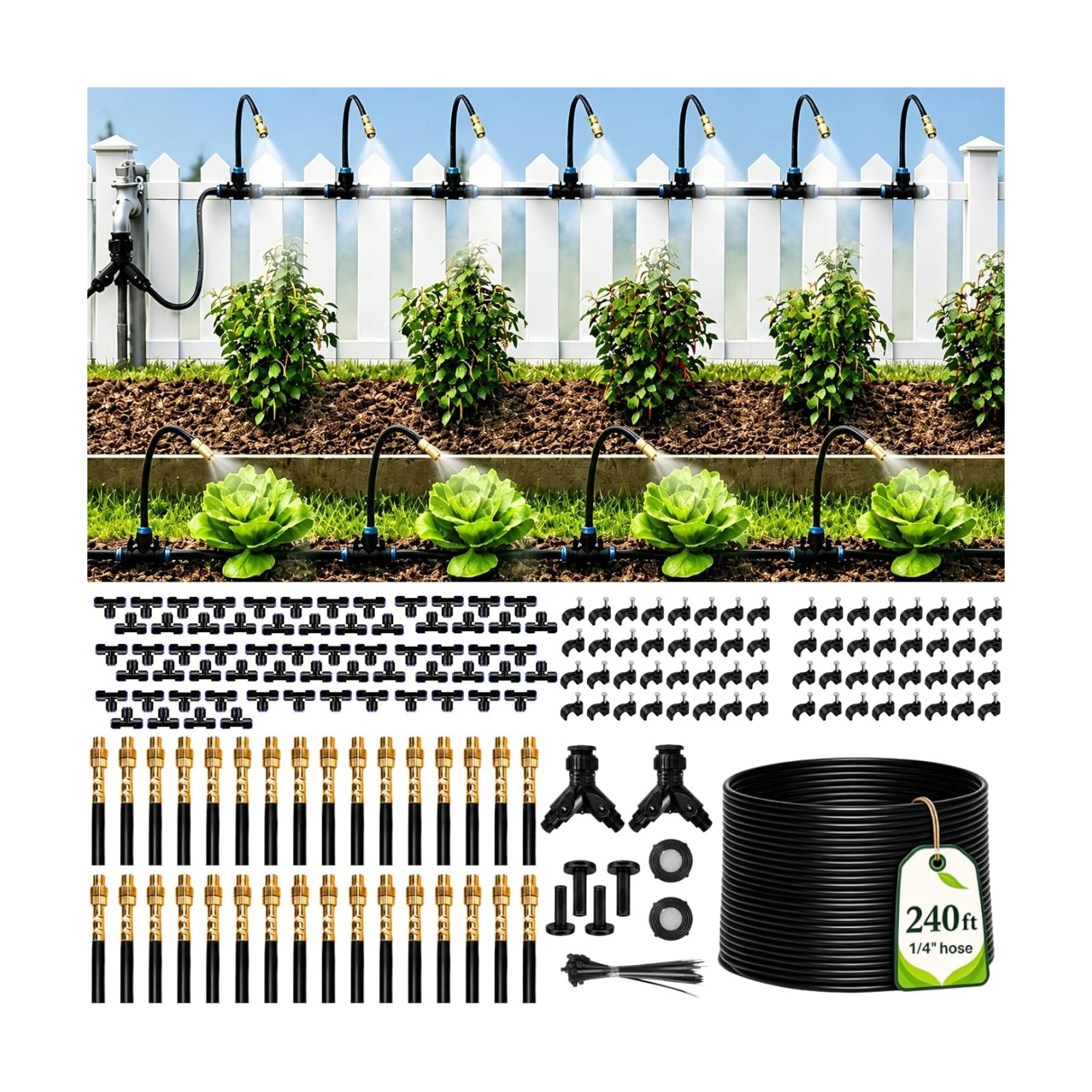 240FT Drip Irrigation System with Adjustable Nozzles | 1/4-Inch Tubing, Flexible Garden Layouts, Adjustable Spray and