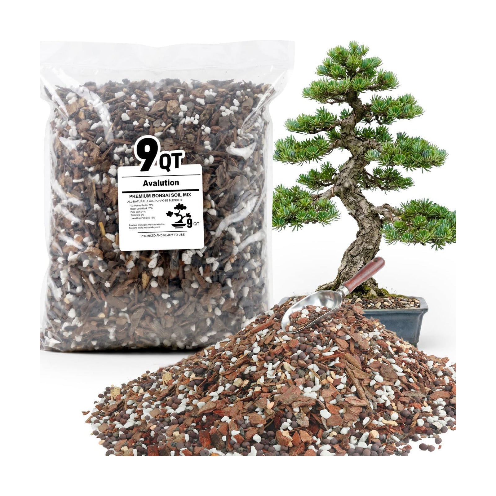 Avalution Bonsai Soil 9QT,Organic Bonsai Soil Mix | Perlite,Lava Rock,Pine Bark,Clay Pebbles for Indoor Plants,Fast