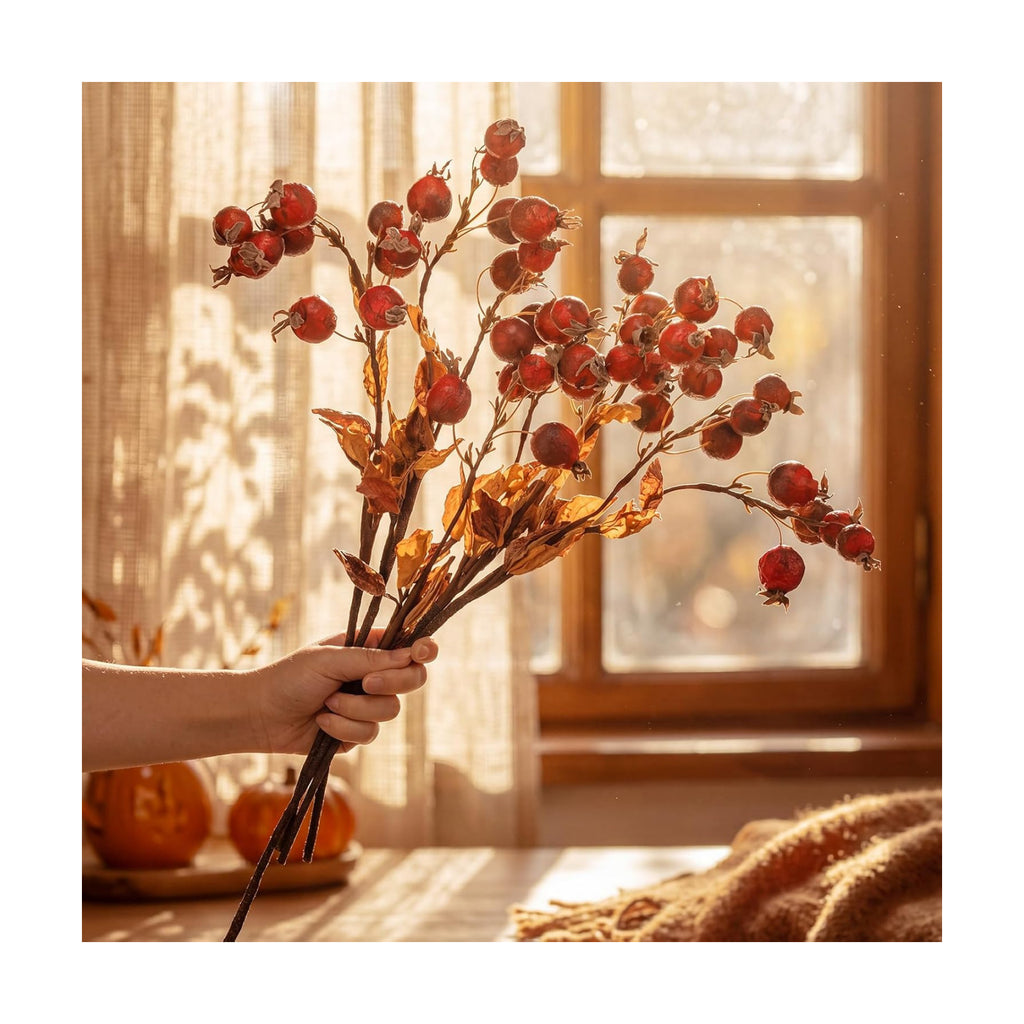 Wavwavw 6 Pcs Artificial Fall Rose Hip Stem 21" Faux Dried Berry Branch