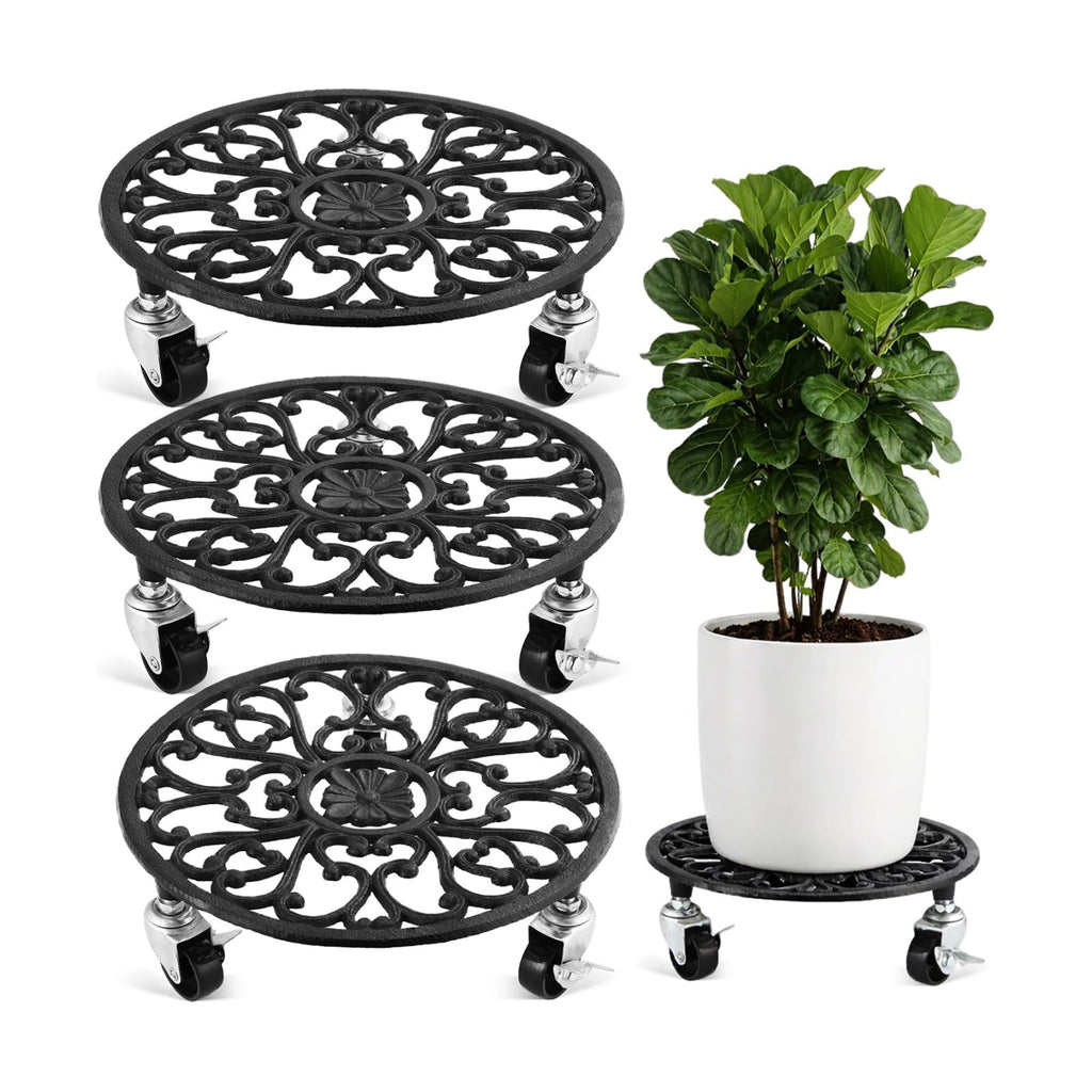 3 Pack Cast Iron Plant Caddy with Wheels Heavy Duty 11 Inch Plant Rollers | Planter Stand on Metal Wheel Round Roller