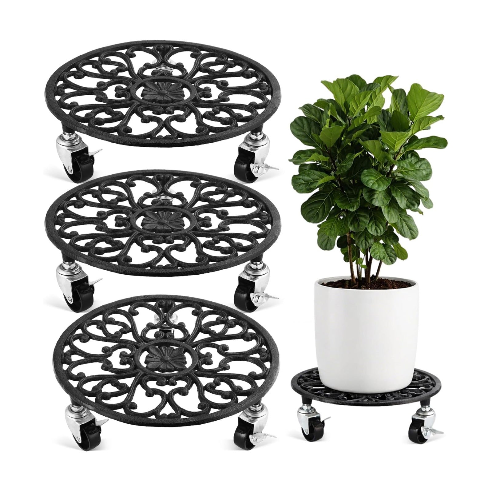 3 Pack Cast Iron Plant Caddy with Wheels Heavy Duty 11 Inch Plant Rollers | Planter Stand on Metal Wheel Round Roller