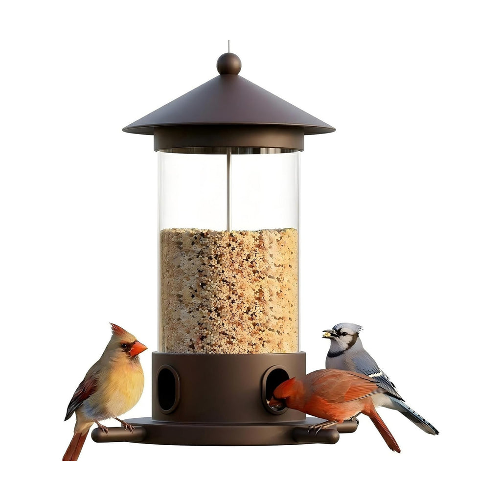 MrCrafts Metal Bird Feeder for Outdoor Hanging - Premium Iron Wild Bird Feeders, Bronze Heavy Duty Iron with Drainage Holes, One-Handed Refill Sliding Roof, Elegant Minimalist Garden Decor