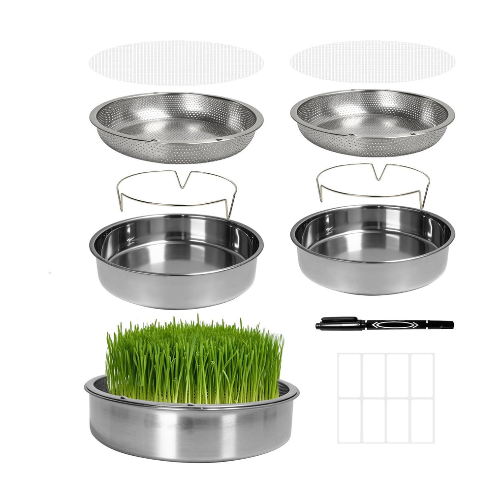 2 Pack 304 Stainless Steel Microgreens Growing Kit Seed Sprouting Trays | 2-Tier Soil-Free Rust-Free Round Seed