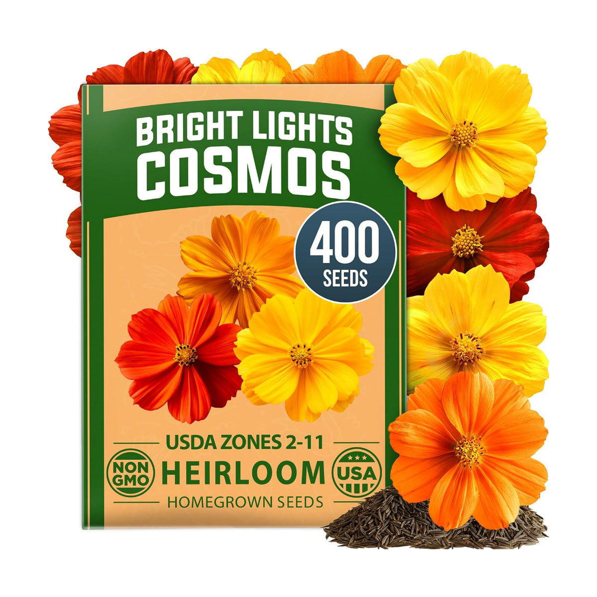 HOME GROWN Cosmos Bright Lights Mix Seeds – 400 Cosmos Sulphureus for Planting Spring 2026, Refined Wildflower Herb Seed Mix, Easy Grow Outdoor Flower Seeds for Gardens