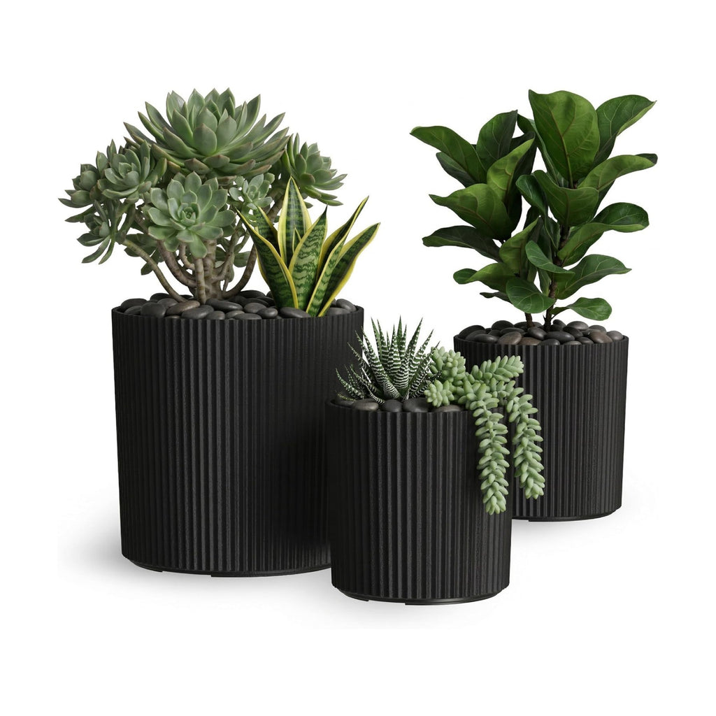 Mayne Haven Round Fluted Modern Planter Set, Black, 3-Pack | Round fluted modern design, All Season, Fade resistant