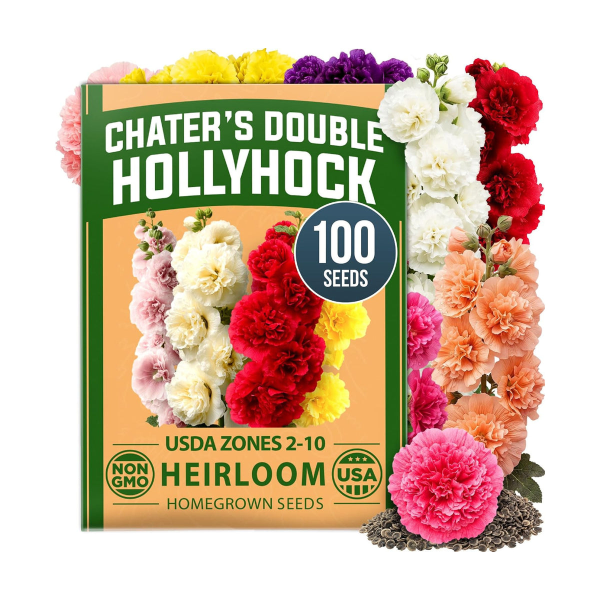 HOME GROWN Hollyhock Seeds, Chater's Double Mix, 100 Seeds, Alcea rosea