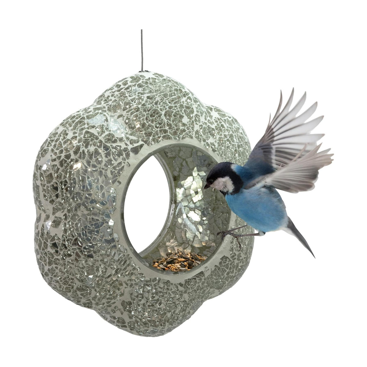 Sunnydaze Mosaic Glass Bird Feeder for Outdoors, Mirrored Diamond Flower