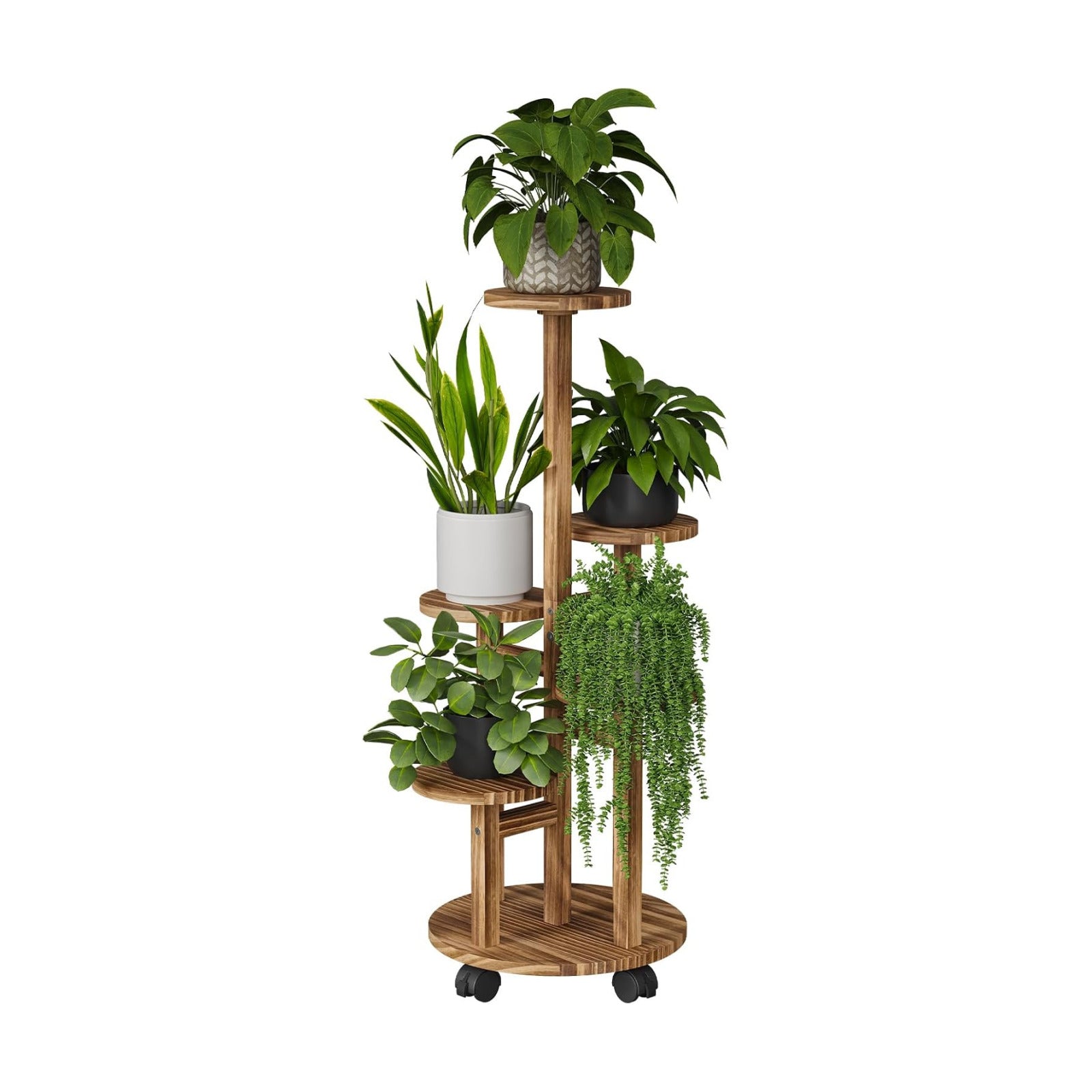 5 Tier Plant Stand - Wood Corner Plant Stand Indoor with 4 Wheels, Tall Plant Shelf for Multiple Pot Flower Stands