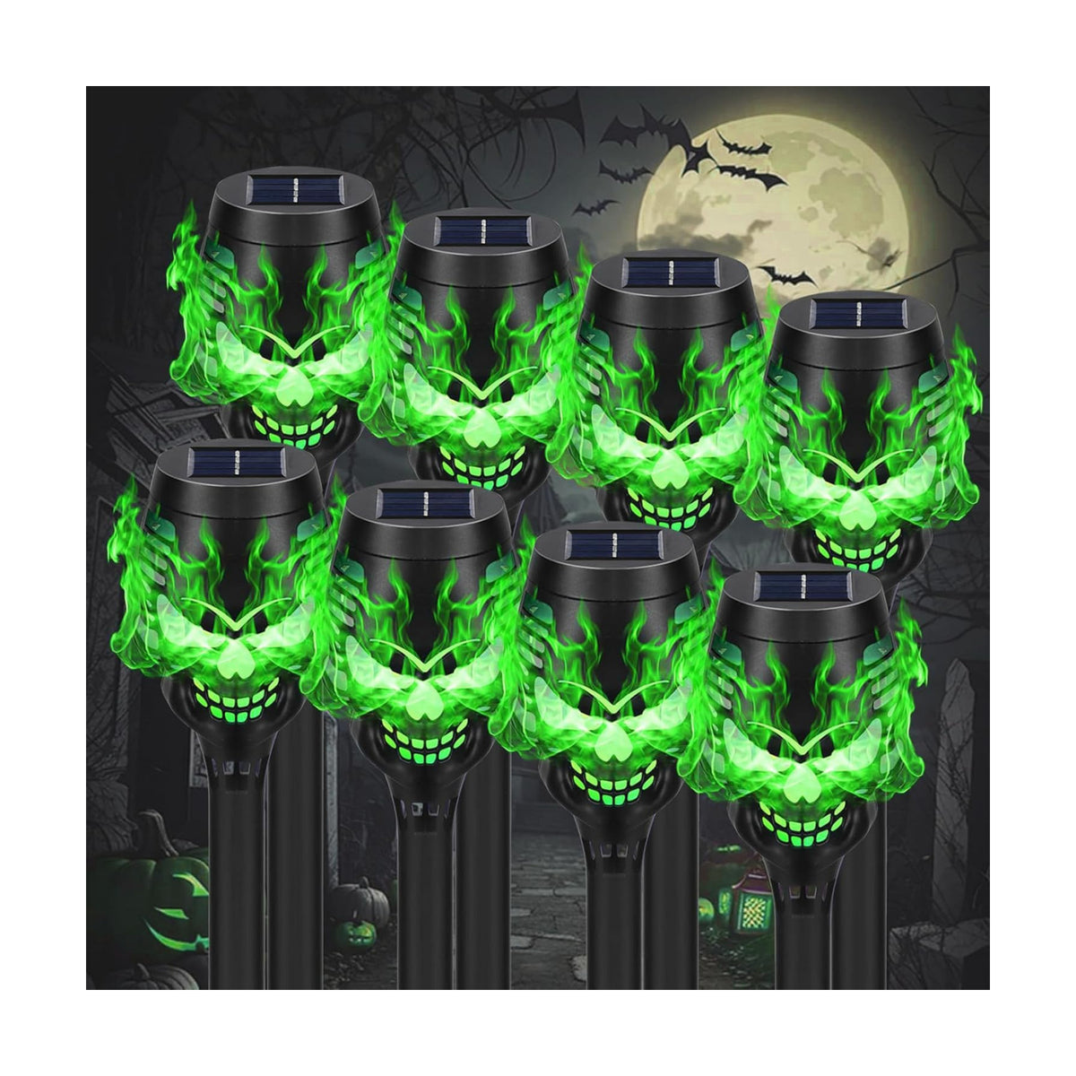 8 Pack Solar Halloween Lights Outdoor, Green Skull Torch Lights