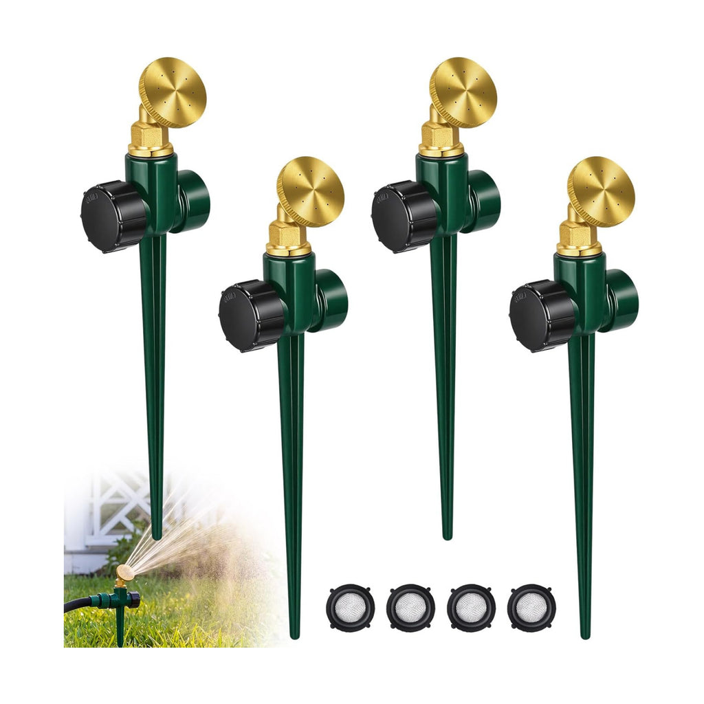 Tioncy 4 Pack Metal Lawn Sprinkler for Yard with Brass Nozzle & Aluminum Alloy Spike Base, Adjustable Automatic Garden