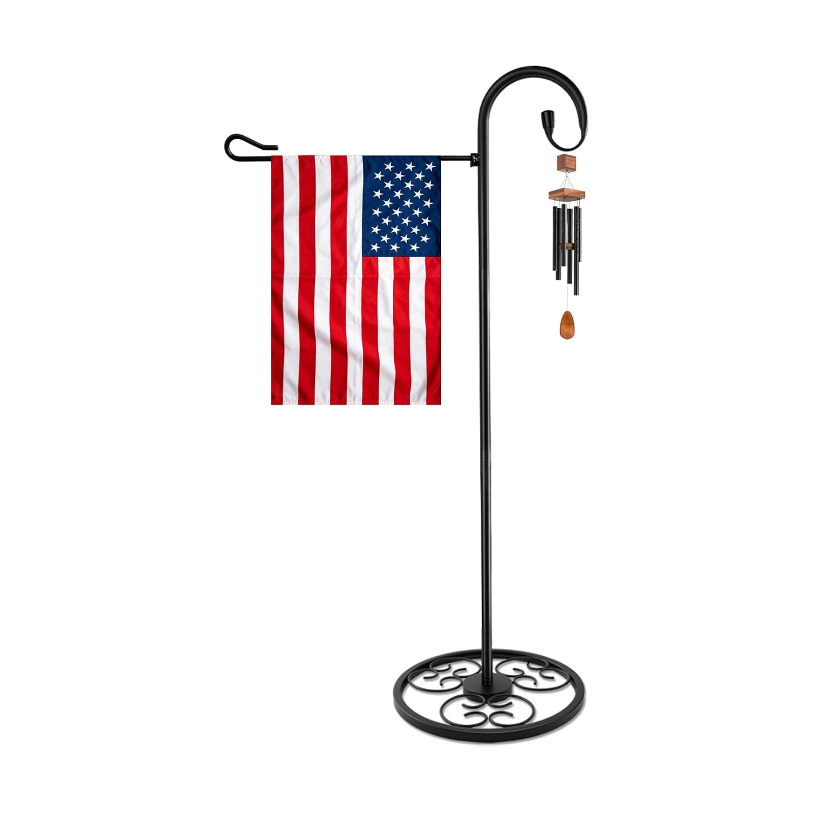 53" Heavy Duty Garden Flag Stand & Shepherds Hook, Scrollwork Anti-Tip Base | All-Weather Rustproof Coating Tool-Free